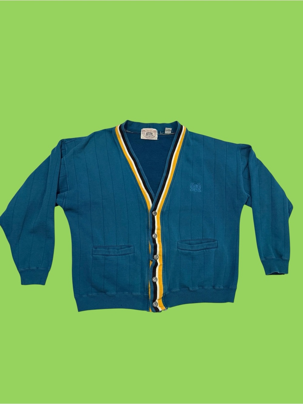 Vintage John Ashford Sport Cardigan Sweater Teal Striped Grandpa Preppy